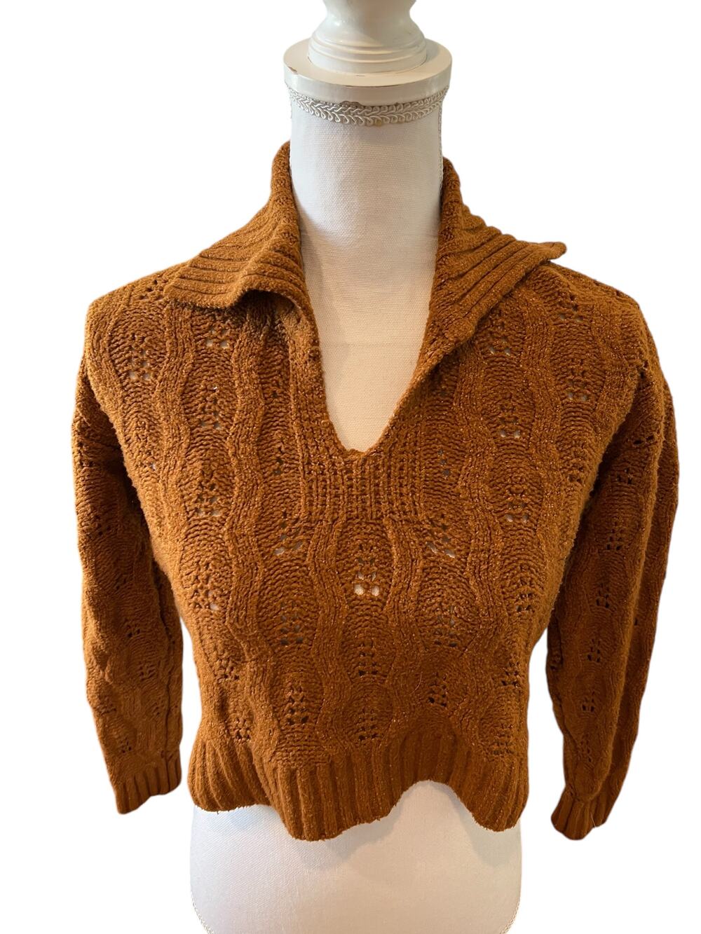 Pink Rose Soft Cropped Collared Sweater Burnt Orange Rust S